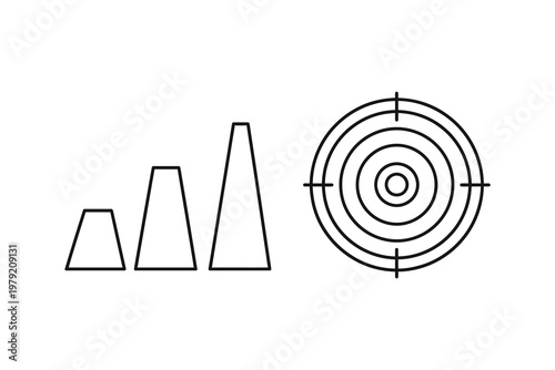 Black and white geometric shapes with trapezoids and target symbol