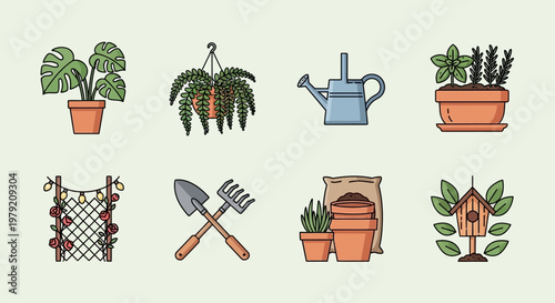 Tableau sur toile Gardening Icons Set: Potted Plants, Watering Can, Tools, Birdhouse, Lights