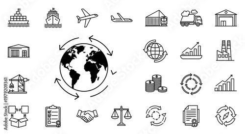 Global Logistics and Shipping Icons: Worldwide Delivery and Trade Network