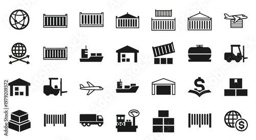 Global Shipping and Logistics Icons: Containers, Cargo, Ships, Planes, Trucks, Warehousing