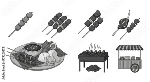 Grilled Meat Skewers and Food Cart Vector Set