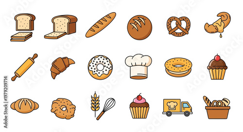 Colorful illustration of various bakery items and baking tools