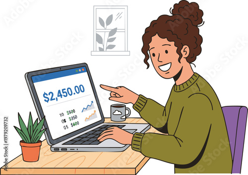 Happy woman showing financial profit on laptop screen