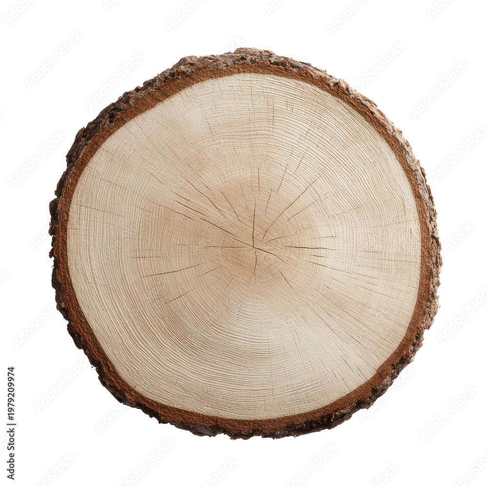 Fototapeta premium Close up of a light brown wood slice with rough bark and visible growth rings tree, Isolated, Png Transparent Background