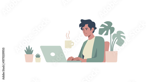 A young man works on his laptop amidst plants and a cozy workspace