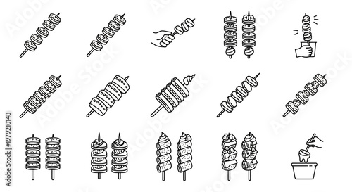 Hand-Drawn Skewers: Meat, Veggie, and Food Illustrations on White Background