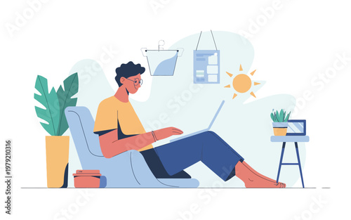 A relaxed man works on a laptop in a bright modern home setting