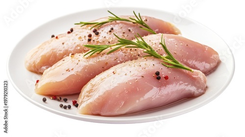 Raw chicken breast fillets seasoned with herbs and spices on white plate.