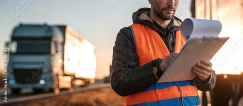 A man in an orange safety vest checks a clipboard near a large truck during sunset, likely inspecting or managing logistics.