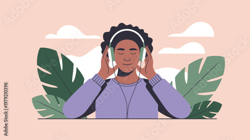 Woman enjoying music with headphones amidst lush tropical foliage