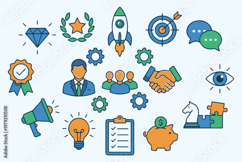 Corporate Leadership and Teamwork Icons Set – Business Strategy Line Vector