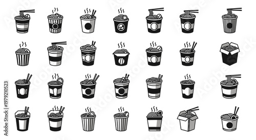 Instant Noodle Cups Collection - Hand Drawn Vector Icons