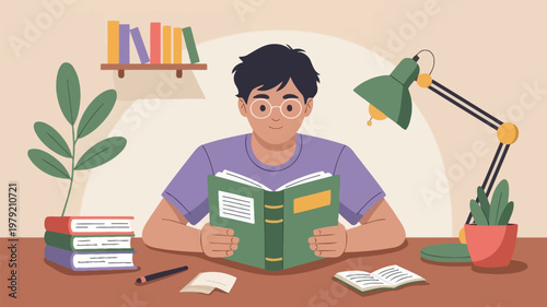 A young man diligently reading a book at a well lit study space