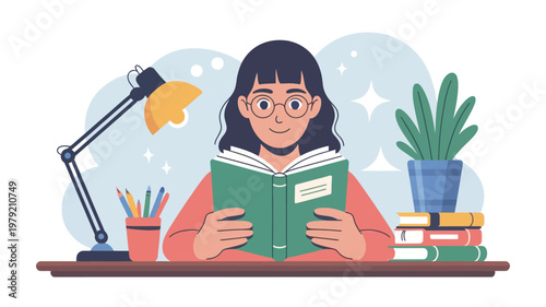 A young woman reading a book at a desk with a lamp and plants