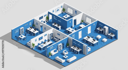 Quadro su tela Isometric view of a modern office interior with cubicles, desks, and meeting areas in blue and white