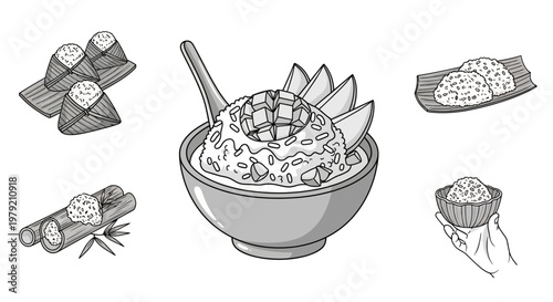 Mango Sticky Rice Dessert Illustration: Bowl, Bamboo Leaves, and Hand Serving