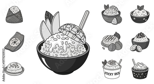 Mango Sticky Rice Dessert Set - Asian Cuisine Illustration