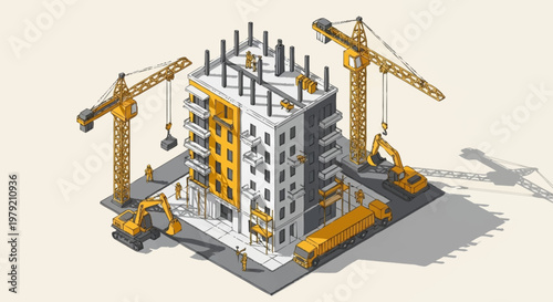 Modern building under construction with cranes and excavators on a construction site.