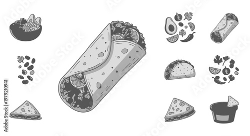 Mexican Food Vector Elements: Burrito, Taco, Quesadilla, Guacamole, Nachos