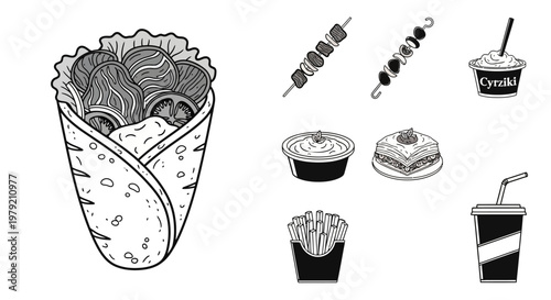 Middle Eastern Fast Food Icons: Shawarma, Kebabs, Fries, Drink, Dessert