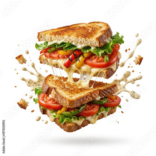 Two halves of a toasted grilled cheese sandwich featuring fresh vegetables and melting cheese