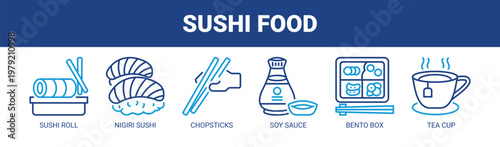 Sushi Food web banner icon vector illustration concept with icons of sushi roll, nigiri sushi, chopsticks, soy sauce, bento box, and tea cup. 