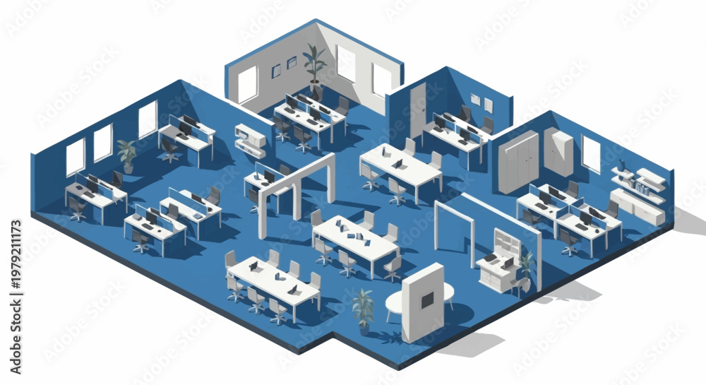 Fototapeta premium Isometric view of a modern office interior with cubicles, meeting rooms, and workstations.