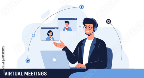 Virtual Meeting Concept: Man with Headphones on Laptop Connecting with Colleagues Online