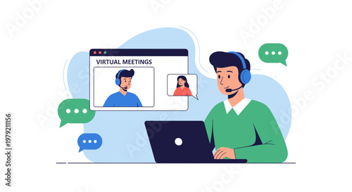 Virtual Meeting Concept: Man with Laptop and Video Call Interface