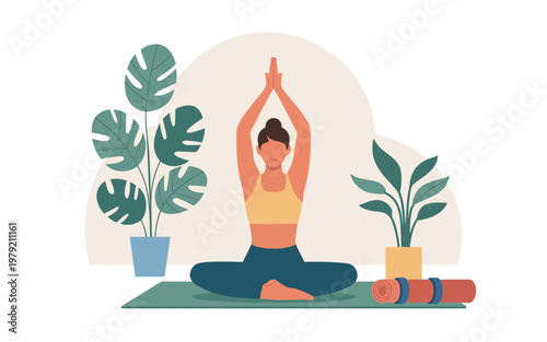 A woman meditating in a peaceful setting with plants and calming elements