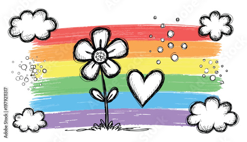 Cheerful crayon drawings of a yellow cat blue bunny rainbow and houses