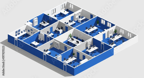 Modern isometric office interior design with cubicles and desks.