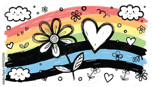 Cheerful crayon drawings of a yellow cat blue bunny rainbow and houses