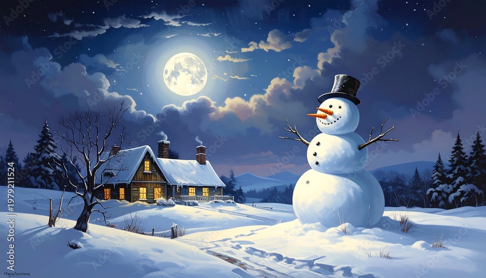 Obraz premium A snowman under a full moon near a house