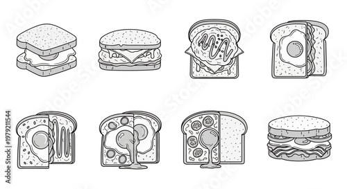 Set of Hand-Drawn Breakfast Sandwiches and Toasts with Fried Eggs and Cheese