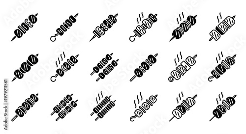 Set of Skewers Icons: Grilled Meat, Vegetables, Kebab, Barbecue Food Symbols