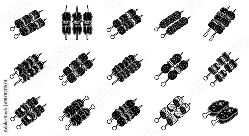 Set of Skewers with Grilled Meat and Vegetables, Black and White Illustration