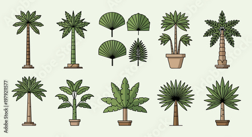 Set of tropical palm trees, vector flat illustration, isolated on light background