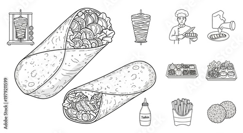 Shawarma and Doner Kebab Vector Icons Set: Food Truck, Chef, Fries, Falafel