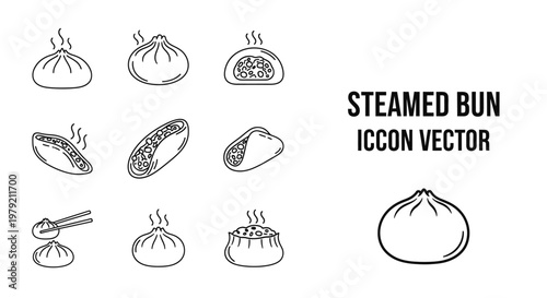 Steamed Bun Icon Vector Set: Dim Sum, Baozi, Dumplings - Asian Food