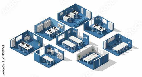 Isometric view of modern office spaces, including meeting rooms and individual workstations, arranged in a modular design.