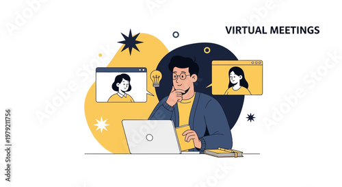 Virtual Meetings Concept: Man Working Remotely with Laptop and Video Calls