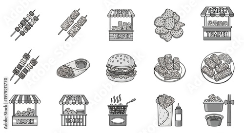 Street Food Icons: Kebabs, Burgers, Wraps, Fries & Stalls - Vector Graphics