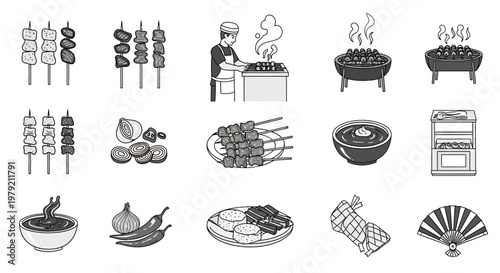 Street Food Icons: Skewers, Grills, Chef, Ingredients, and More