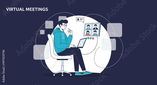 Virtual Meetings: Man in Casual Wear on Video Call with Colleagues