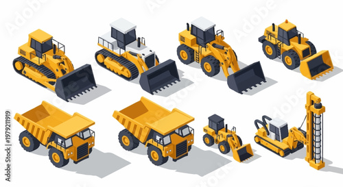 Collection of isometric construction vehicles including bulldozers, excavators, dump trucks, and loaders.