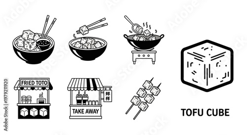 Tofu Food Icons: Cooking, Street Food & Cubes