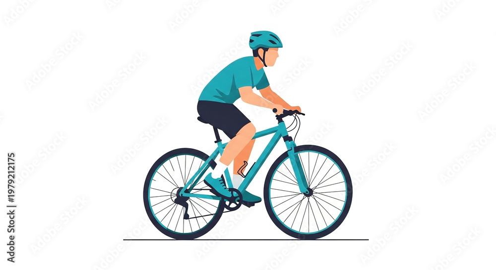 Naklejka premium A cyclist in teal rides a bicycle depicted in a minimalist illustrative style