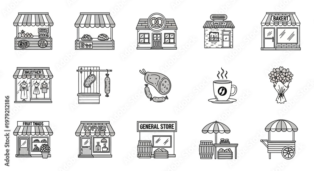 Fototapeta premium Vector Icons: Small Shops, Market Stalls, Bakery, Butcher, Coffee, Flowers