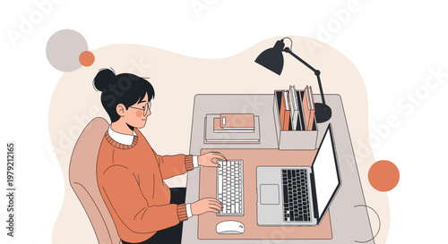 Woman working on laptop and keyboard at desk, home office, remote work, illustration